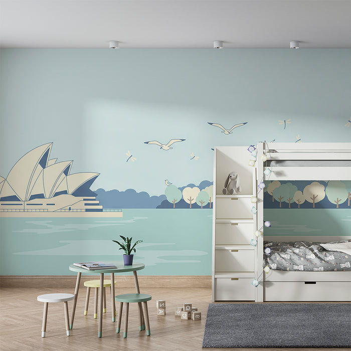 Papel de parede infantil | Paisagem serena com a Ópera de Sydney e aves em voo