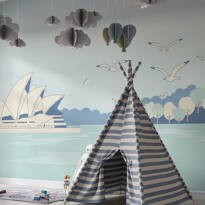 Papel de parede infantil | Paisagem serena com a Ópera de Sydney e aves em voo
