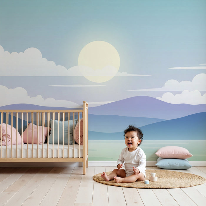 Lastenhuoneen tapetti | Rauhallinen maisema vuorilla ja auringonpaisteisella taivaalla