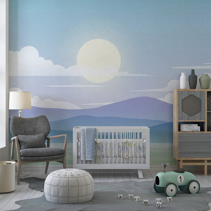 Lastenhuoneen tapetti | Rauhallinen maisema vuorilla ja auringonpaisteisella taivaalla