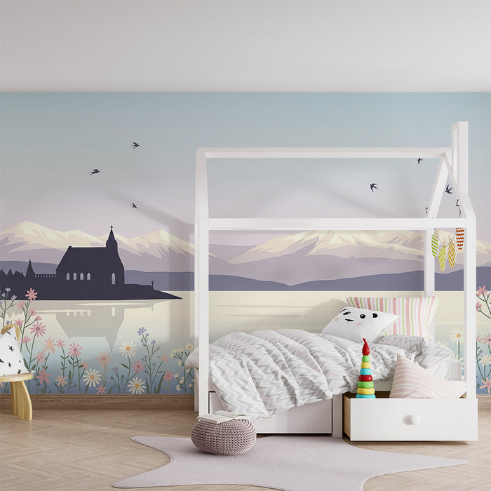 **Barnetapet til barnerom | Fredfullt landskap med fjell og fargerike blomster**