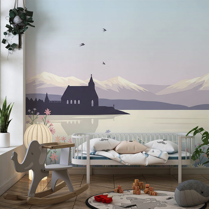 **Barnetapet til barnerom | Fredfullt landskap med fjell og fargerike blomster**