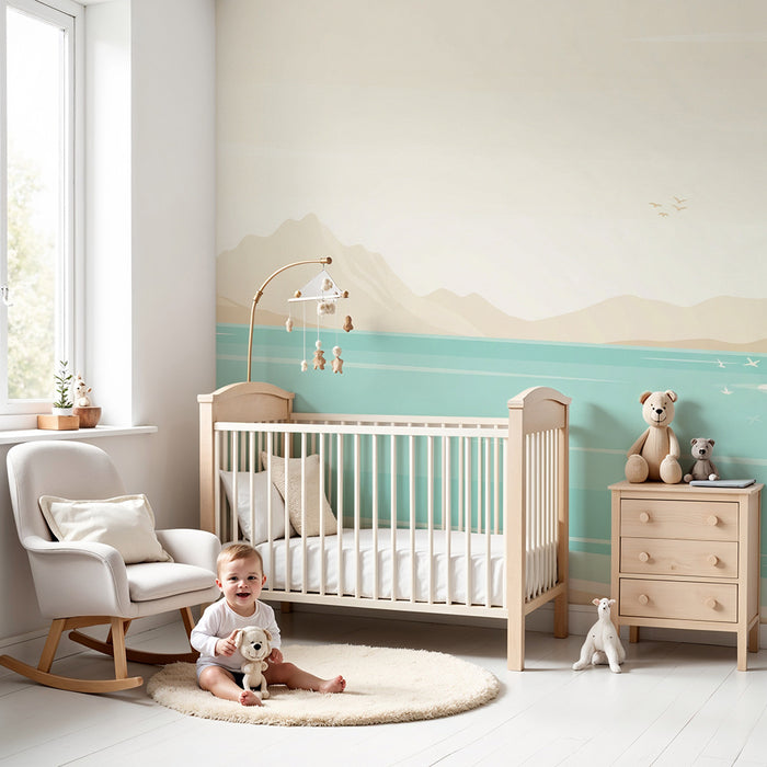 Papier peint chambre enfant | Paysage tropical apaisant avec mer et montagnes