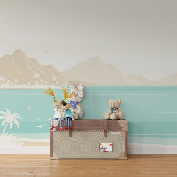 Papier peint chambre enfant | Paysage tropical apaisant avec mer et montagnes