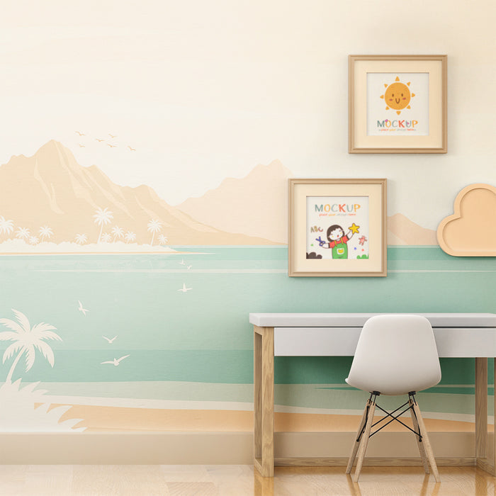 Papier peint chambre enfant | Paysage tropical apaisant avec mer et montagnes