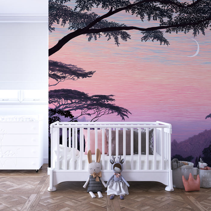 Papier peint chambre enfant | Paysage tropical atemporel au crépuscule