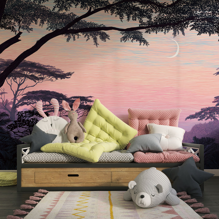 Papier peint chambre enfant | Paysage tropical atemporel au crépuscule