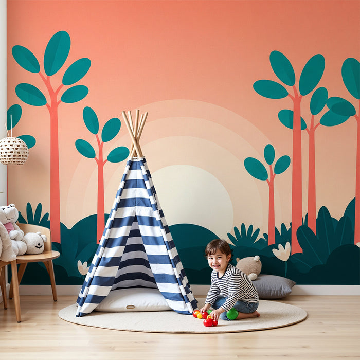 Kinderkamer behang | Tropisch landschap met bomen en witte bloemen