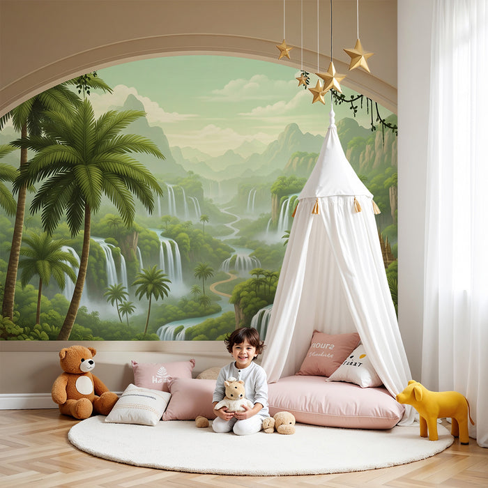 Papel de parede para quarto infantil | Paisagem tropical com cascatas e templo dourado