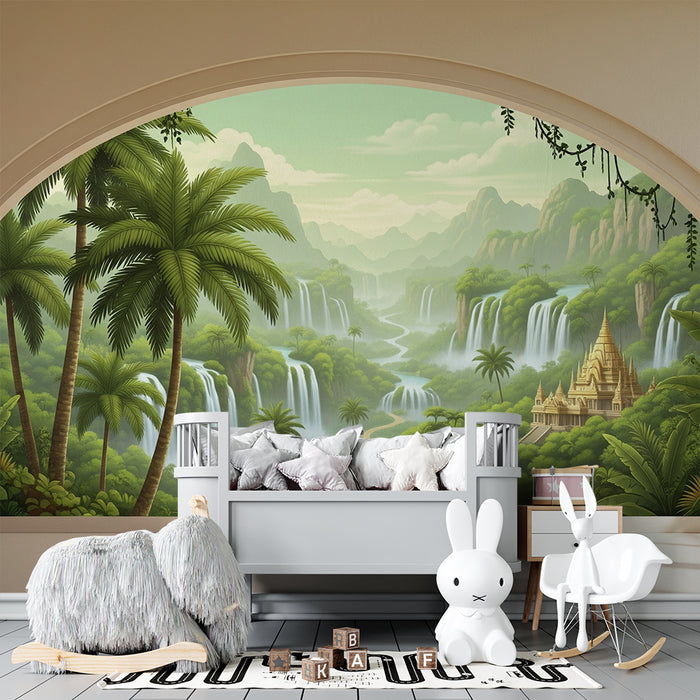 Papel de parede para quarto infantil | Paisagem tropical com cascatas e templo dourado