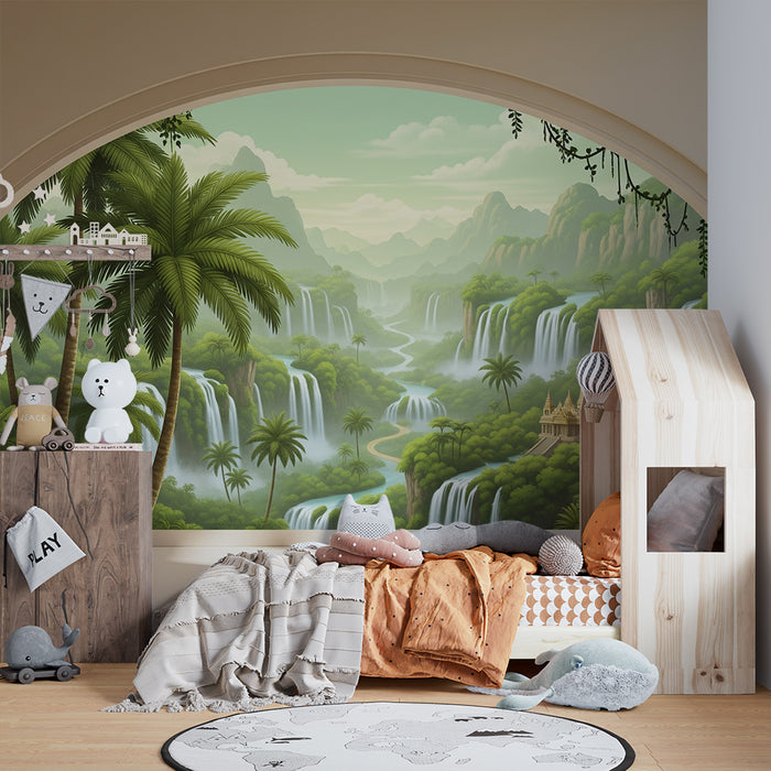 Papel de parede para quarto infantil | Paisagem tropical com cascatas e templo dourado