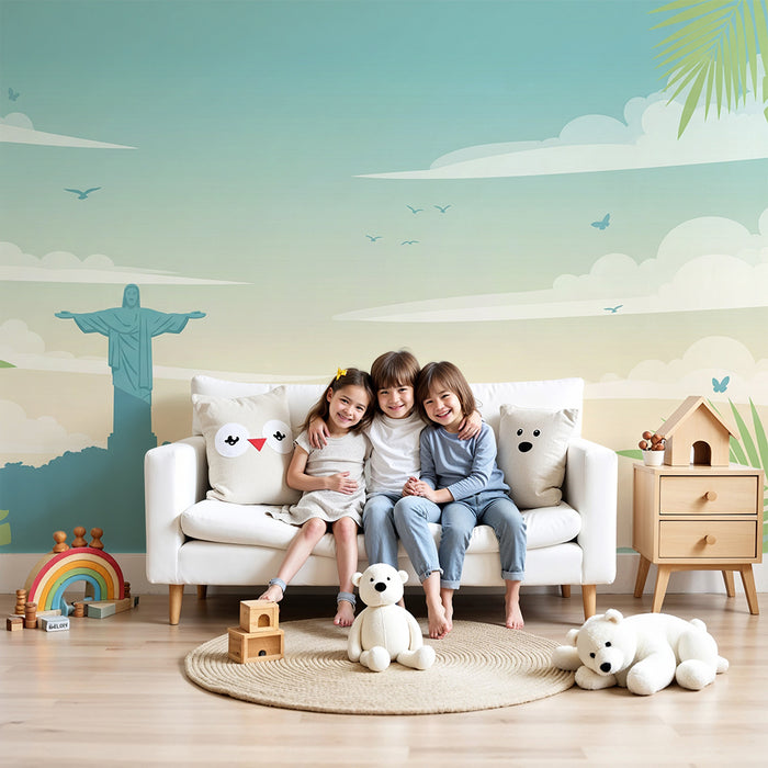 Carta da parati per camera bambini | Paesaggio tropicale con Cristo Redentore e fogliame rigoglioso