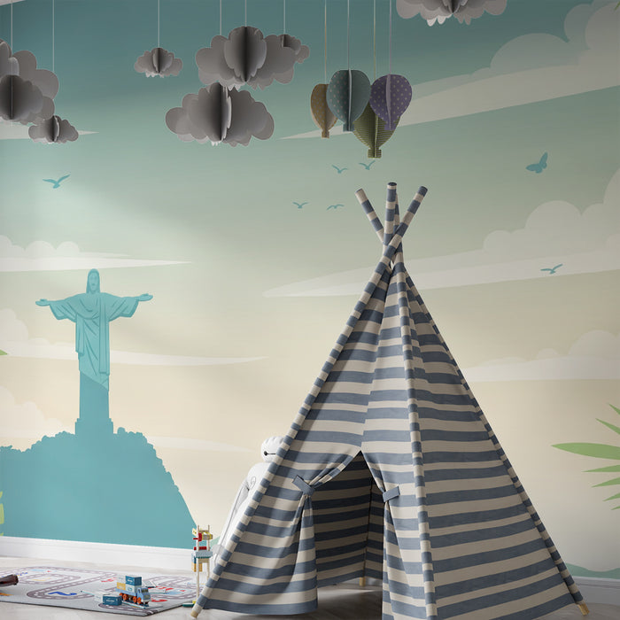 Carta da parati per camera bambini | Paesaggio tropicale con Cristo Redentore e fogliame rigoglioso
