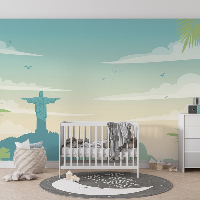 Carta da parati per camera bambini | Paesaggio tropicale con Cristo Redentore e fogliame rigoglioso