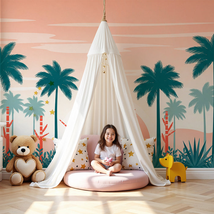 Carta da parati bambini | Paesaggio tropicale con palme e tramonto