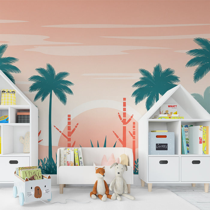 Carta da parati bambini | Paesaggio tropicale con palme e tramonto