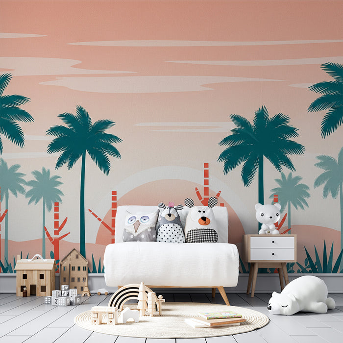 Carta da parati bambini | Paesaggio tropicale con palme e tramonto