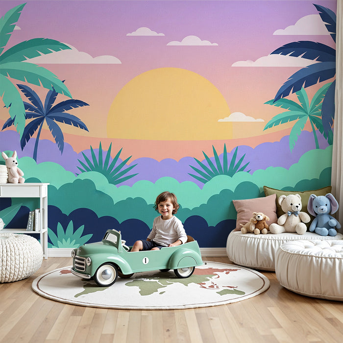 Kids room wallpaper | Tropical landscape with palm trees and pastel sunset