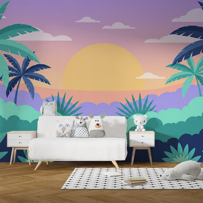 Kids room wallpaper | Tropical landscape with palm trees and pastel sunset