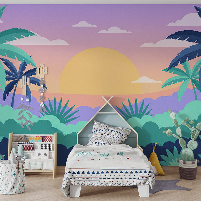 Kids room wallpaper | Tropical landscape with palm trees and pastel sunset
