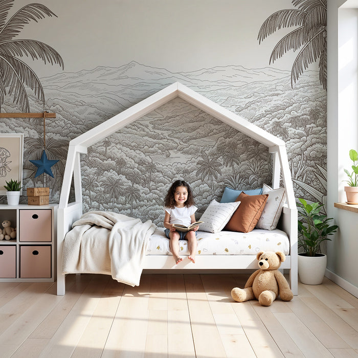 Children's bedroom wallpaper | Tropical landscape with palm trees and lush vegetation