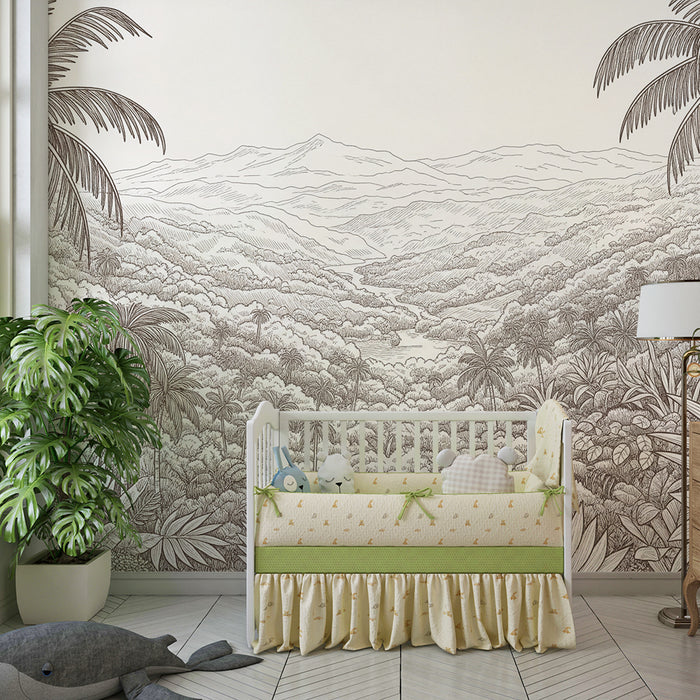 Children's bedroom wallpaper | Tropical landscape with palm trees and lush vegetation