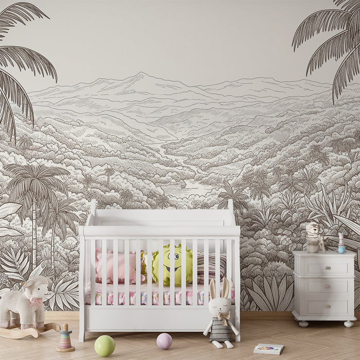 Children's bedroom wallpaper | Tropical landscape with palm trees and lush vegetation