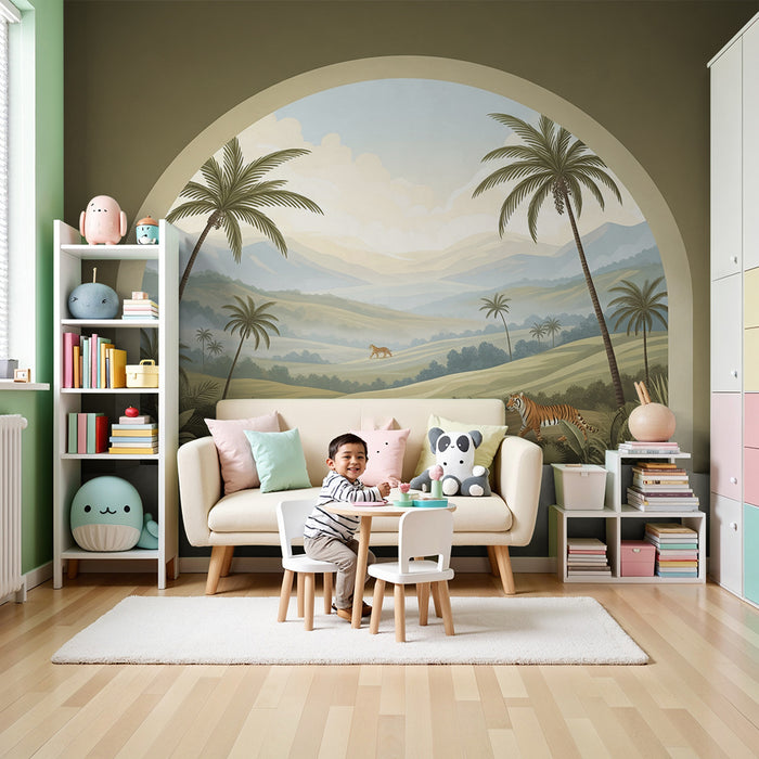 Papel de parede para quarto infantil | Paisagem tropical com tigres e palmeiras