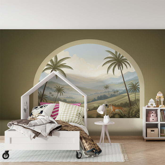 Papel de parede para quarto infantil | Paisagem tropical com tigres e palmeiras