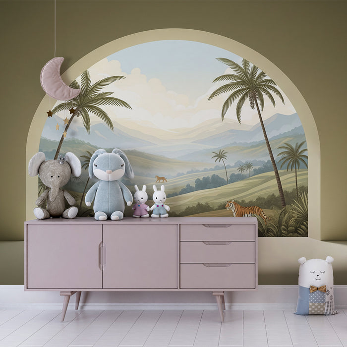 Papel de parede para quarto infantil | Paisagem tropical com tigres e palmeiras