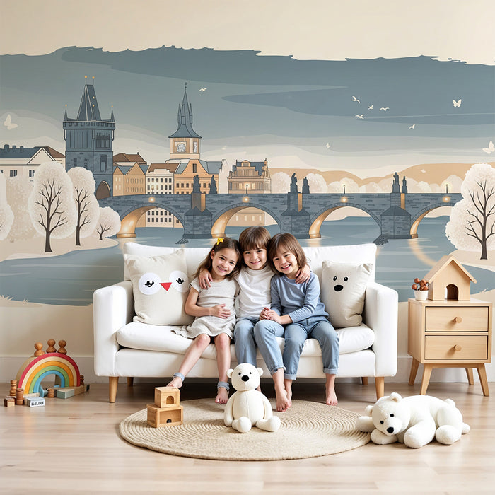 Papel de parede para quarto infantil | Paisagem urbana com ponte e árvores no inverno