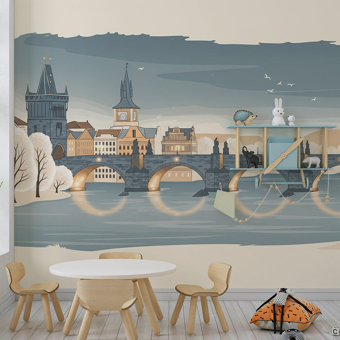 Papel de parede para quarto infantil | Paisagem urbana com ponte e árvores no inverno