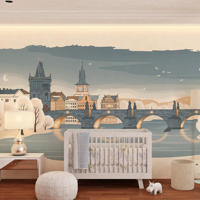 Papel de parede para quarto infantil | Paisagem urbana com ponte e árvores no inverno