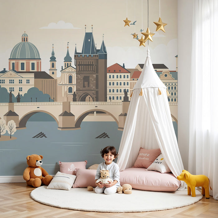 Papel de parede para quarto infantil | Paisagem urbana com ponte e edifícios históricos