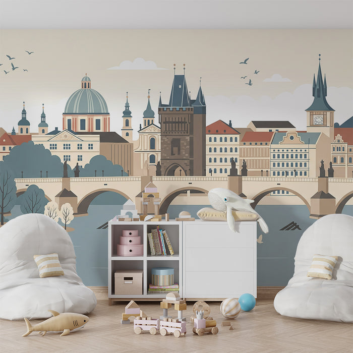 Papel de parede para quarto infantil | Paisagem urbana com ponte e edifícios históricos