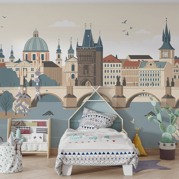 Papel de parede para quarto infantil | Paisagem urbana com ponte e edifícios históricos