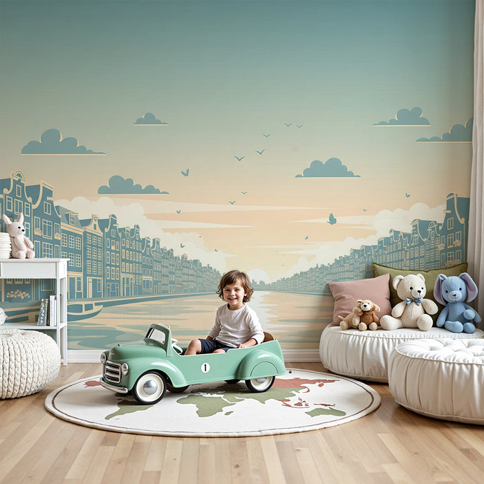 Carta da parati per camera bambini | Paesaggio urbano di Amsterdam con canali e case colorate