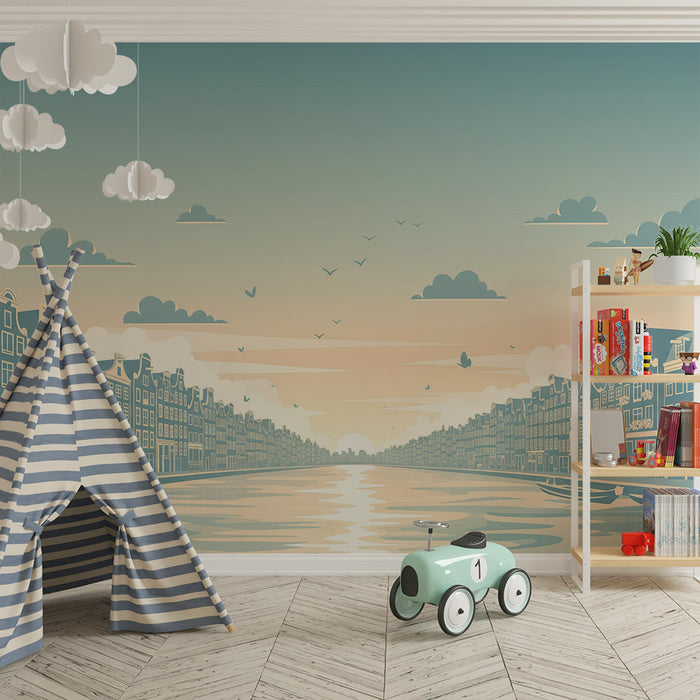 Carta da parati per camera bambini | Paesaggio urbano di Amsterdam con canali e case colorate