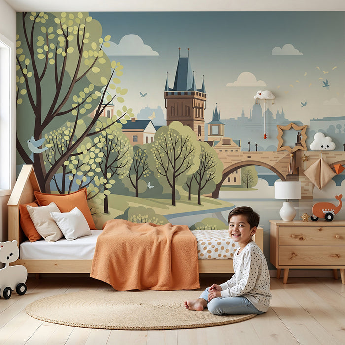 Papel de parede para quarto infantil | Paisagem urbana tranquila com ponte e natureza verdejante