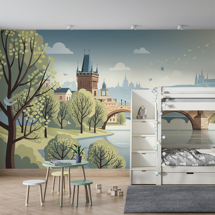 Papel de parede para quarto infantil | Paisagem urbana tranquila com ponte e natureza verdejante