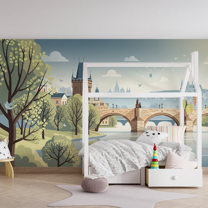 Papel de parede para quarto infantil | Paisagem urbana tranquila com ponte e natureza verdejante