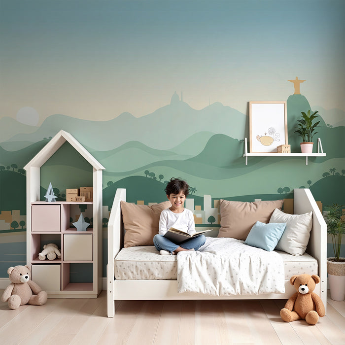 Papier peint chambre enfant | Paysage urbain stylisé avec montagnes et mer