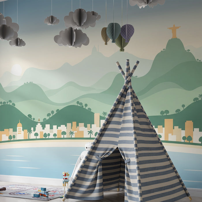 Papier peint chambre enfant | Paysage urbain stylisé avec montagnes et mer