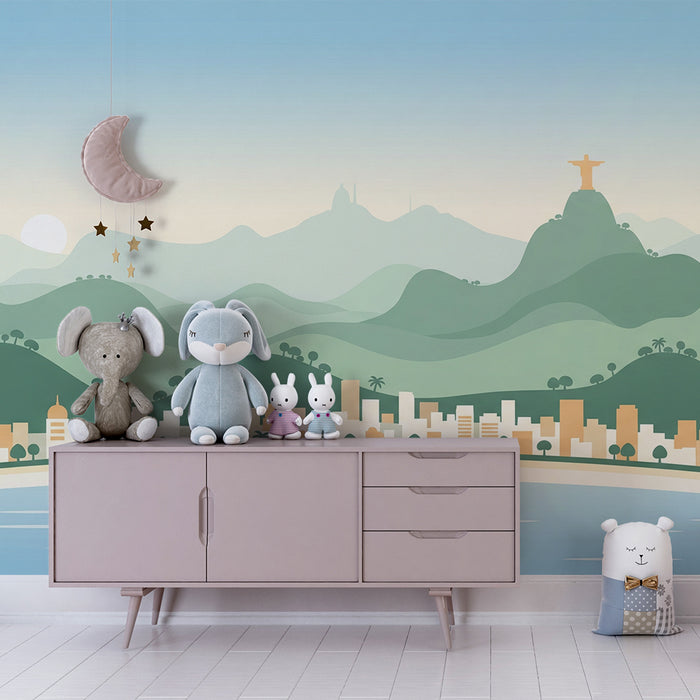 Papier peint chambre enfant | Paysage urbain stylisé avec montagnes et mer