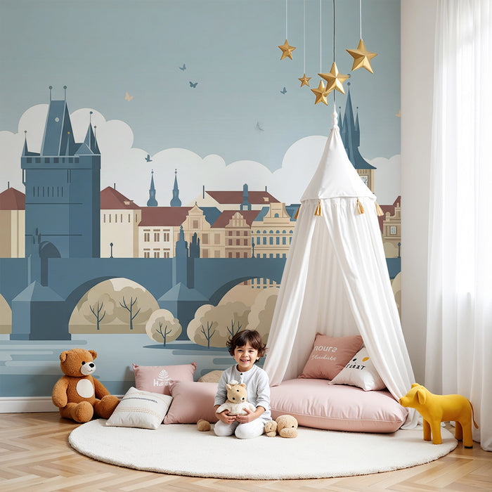 Carta da parati per camera bambini | Paesaggio urbano stilizzato con ponte ed edifici storici
