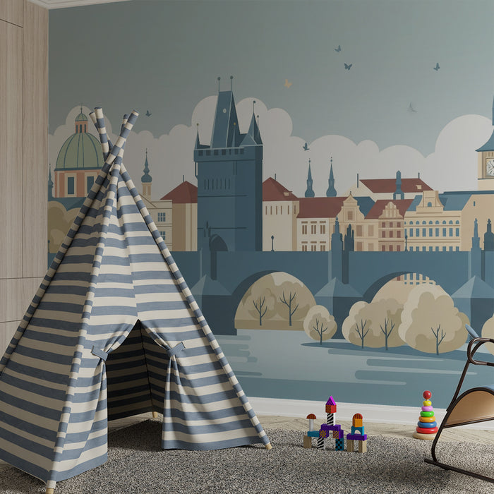 Carta da parati per camera bambini | Paesaggio urbano stilizzato con ponte ed edifici storici