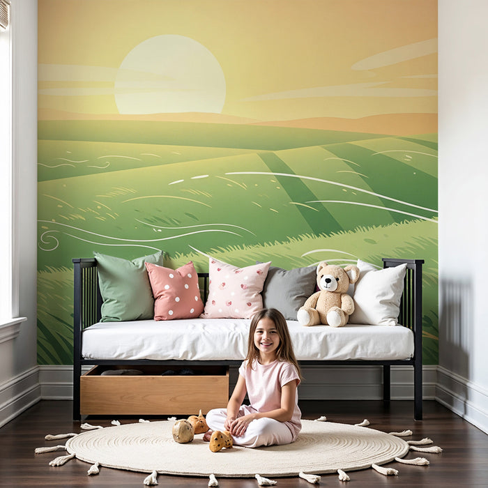 Papier peint chambre enfant | Paysage verdoyant au lever du soleil