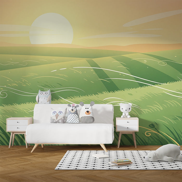 Papier peint chambre enfant | Paysage verdoyant au lever du soleil