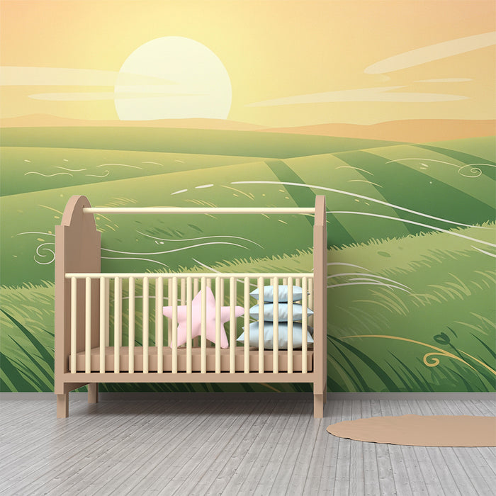 Papier peint chambre enfant | Paysage verdoyant au lever du soleil