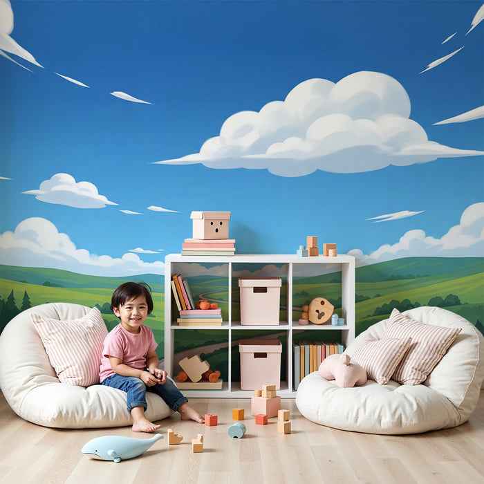 Papel de parede para quarto infantil | Paisagem verdejante com céu azul e nuvens fofas